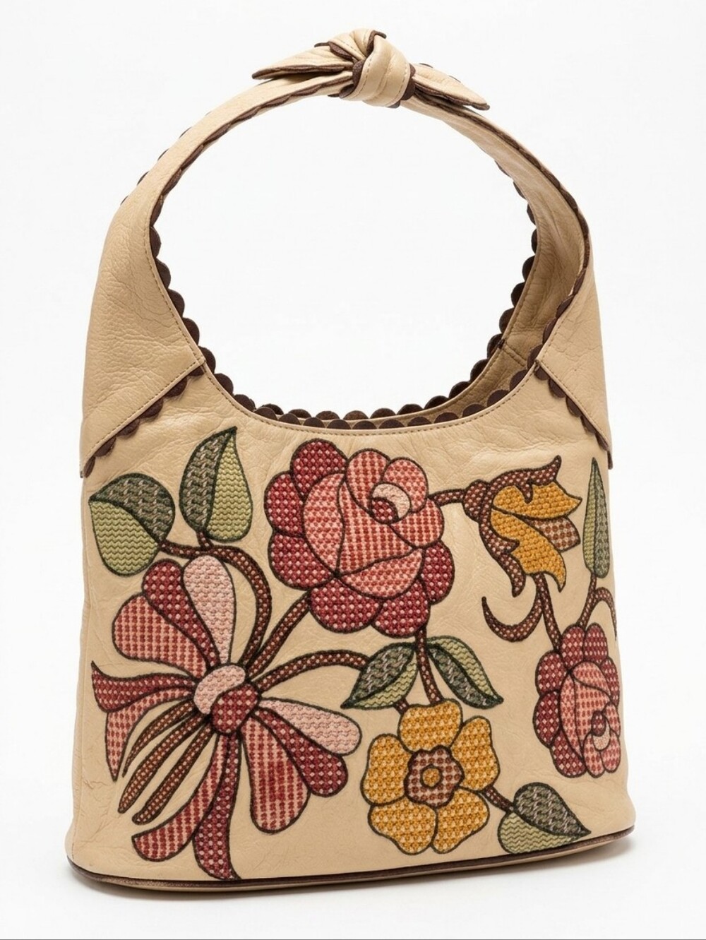 Isabella Fiore Needlepoint Embroidered Floral Leather Hobo Shoulder Bag Y2K